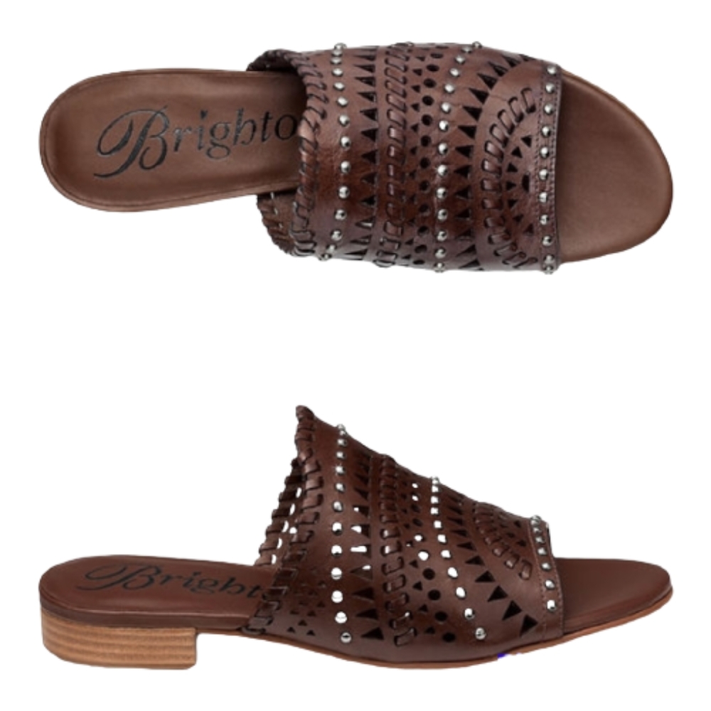 Brighton Ferrara Neo Leather Lazer Cut Carmel Mules Size 8.5. - Picture 1 of 8